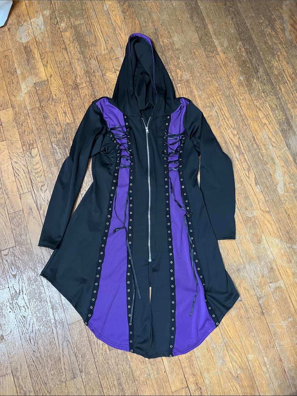 Black & Purple Hooded Lace-Up Gothic Coat